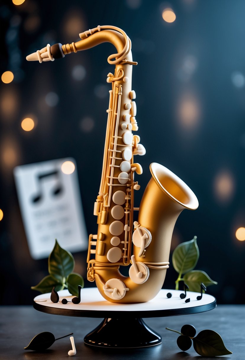 A cake shaped like a jazz saxophone displayed on a black stand with musical decorations around it.