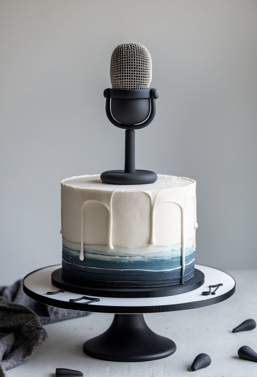 A detailed cake shaped like a microphone and stand on a white board with subtle musical decorations around it.