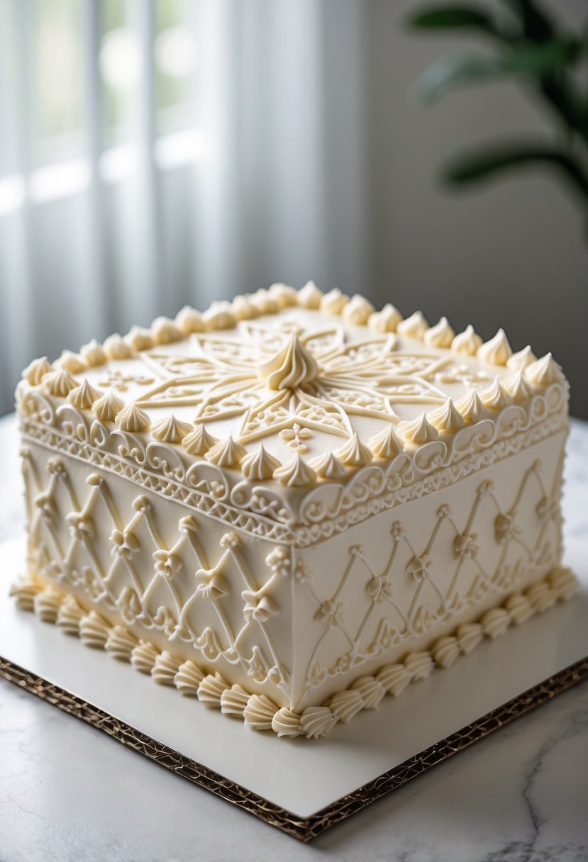 A square birthday cake decorated with an intricate lace pattern piped in white icing.