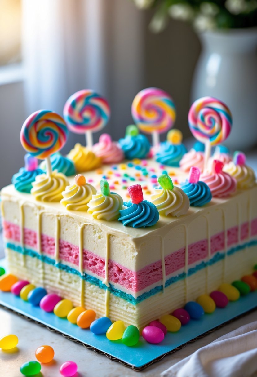 A square birthday cake decorated with colorful candy-themed sugar decorations divided into sixteen pieces.