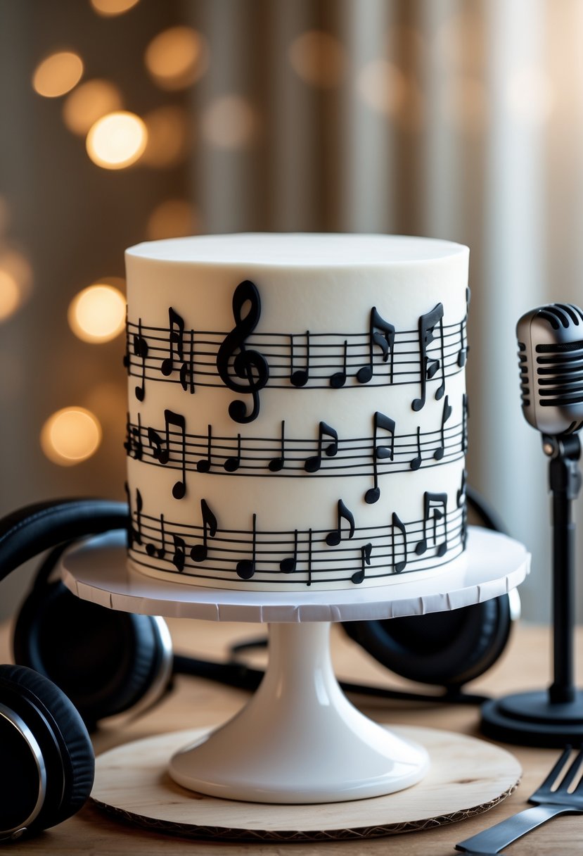 A cake wrapped in edible sheet music on a cake stand with musical-themed props in the background.