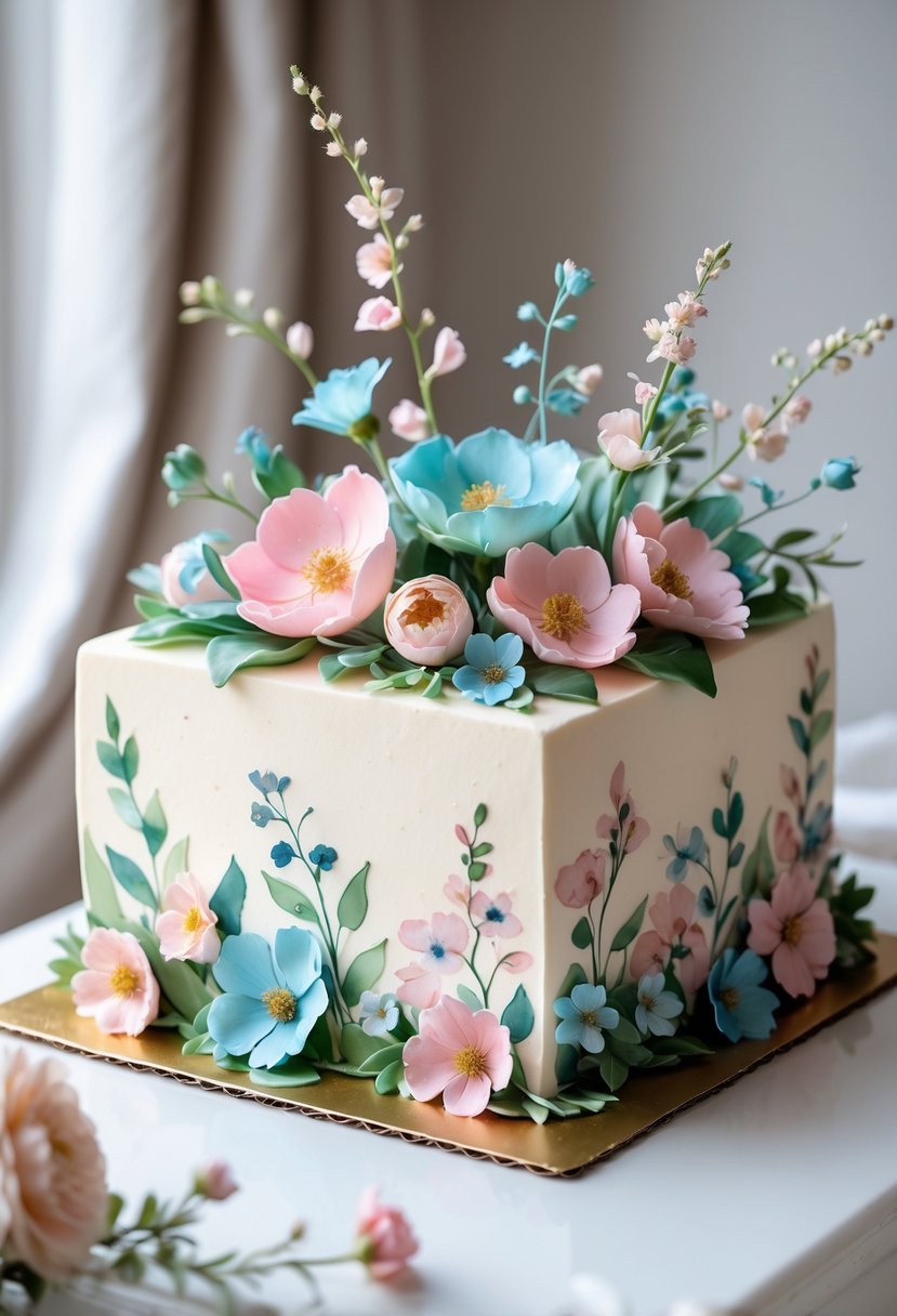 A square birthday cake decorated with colorful floral designs on a white surface.