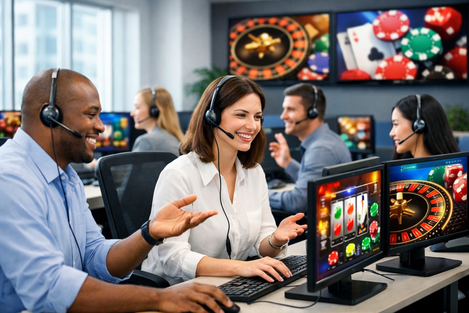 Customer Support Agents Wearing Headsets Working At Computers In A Bright, Modern Office With CasinoThemed Visuals On Screens.