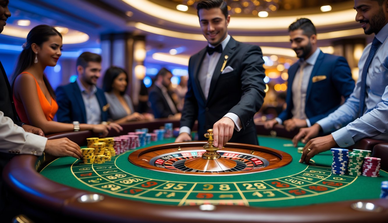 Seorang dealer sedang memutar roda roulette di meja kasino dengan pemain yang memasang taruhan.