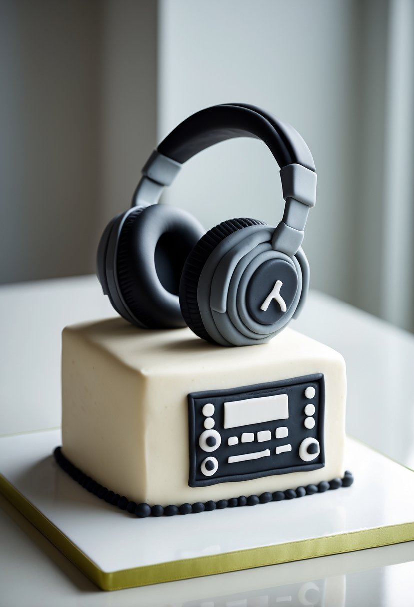A cake shaped like headphones resting on a music player on a white surface.