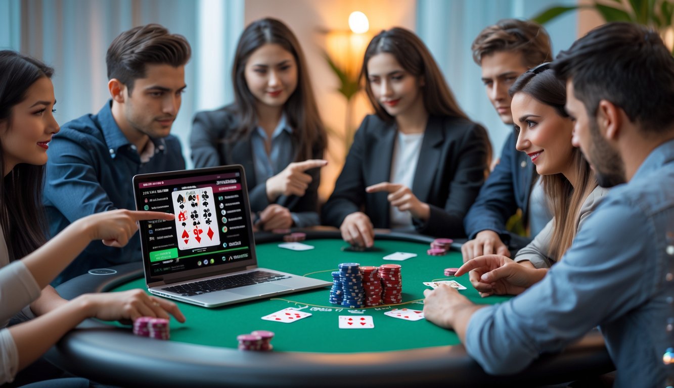 Beberapa orang muda duduk di sekitar meja poker dengan laptop dan kartu bermain, fokus belajar bermain poker online.