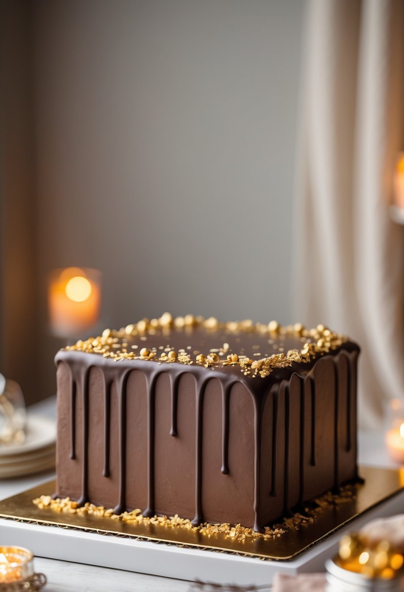 A square birthday cake with chocolate ganache dripping down the sides and decorated with gold flakes.