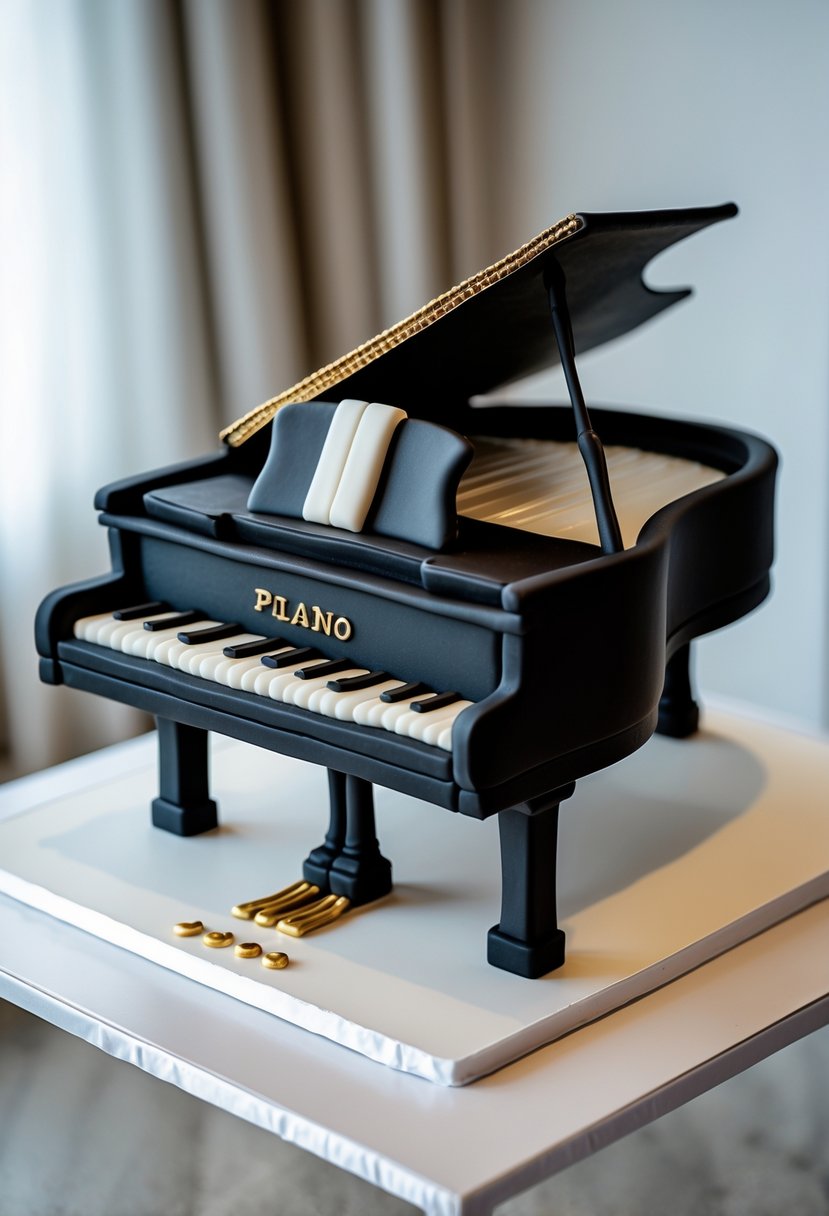 A detailed cake shaped like a black grand piano on a white surface with soft lighting.