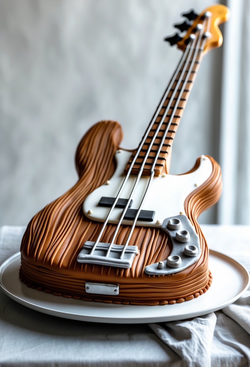 A detailed cake shaped like a bass guitar displayed on a white plate with a neutral background.