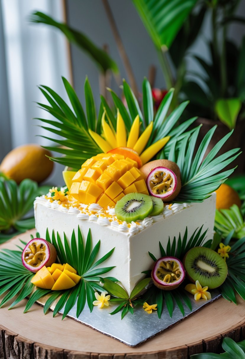 A 16 square birthday cake decorated with tropical fruits and edible palm leaves on a wooden surface with tropical foliage in the background.