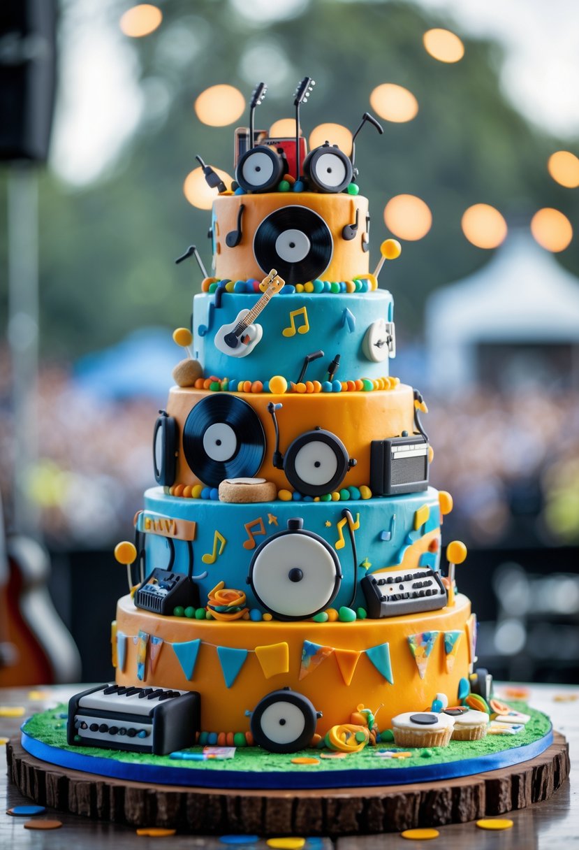 A multi-tiered cake decorated with music festival elements like guitars, vinyl records, and musical notes on a wooden table with festival props around it.