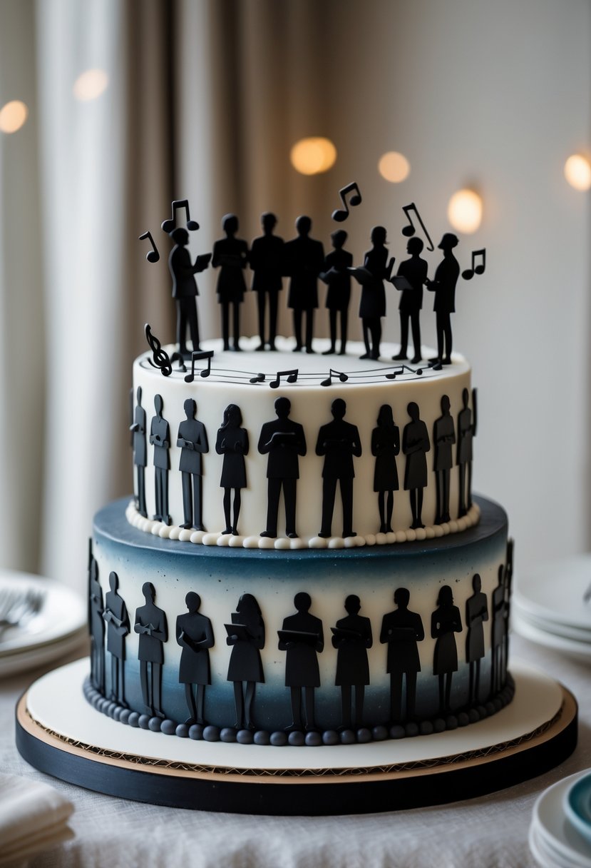 A detailed cake decorated with choir singing silhouettes and musical notes.