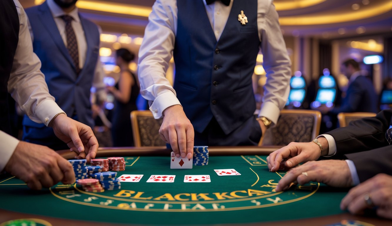 Seorang dealer membagikan kartu blackjack di meja kasino hidup dengan beberapa pemain yang fokus bermain.