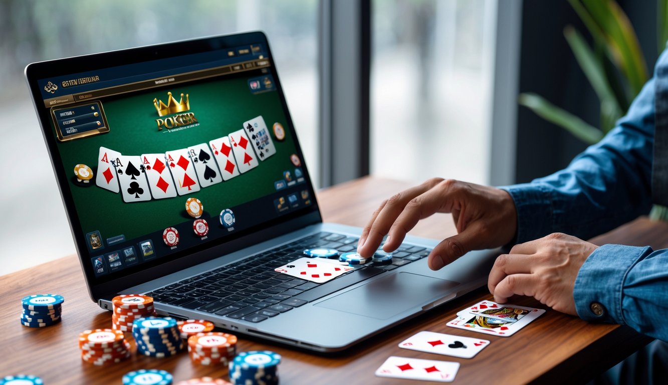 Seseorang bermain poker online di depan laptop dengan kartu dan chip poker di atas meja kayu.
