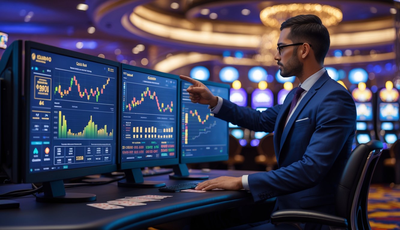 Seorang pria profesional mengelola modal kasino secara langsung dengan layar komputer dan suasana lantai kasino di belakangnya.