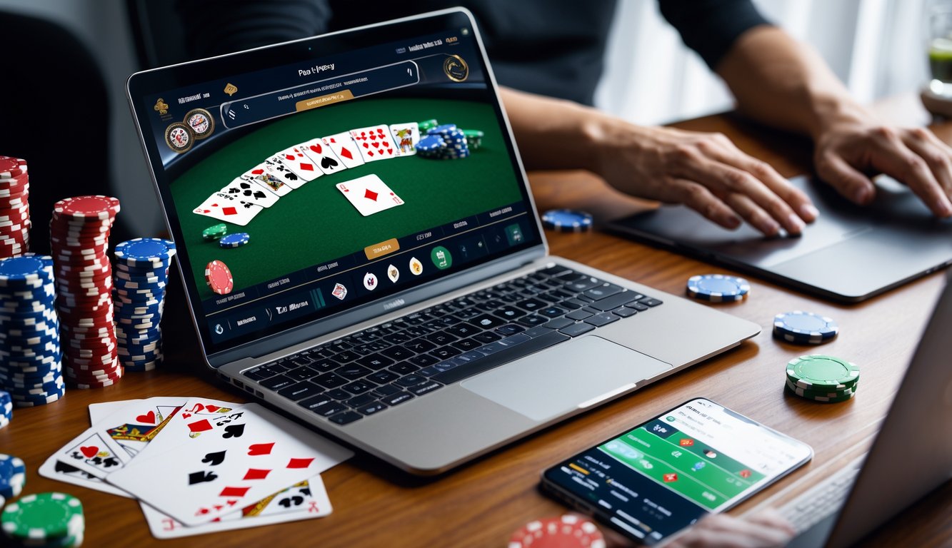 Seorang pemain poker menggunakan laptop dengan kartu dan chip poker di meja kayu, tangan siap bermain.