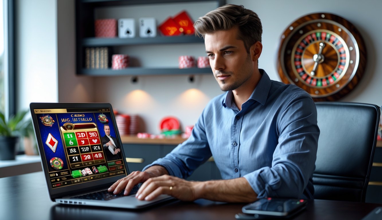 Seorang pria muda duduk di meja modern menggunakan laptop dengan tampilan permainan kasino langsung, di ruang kantor rumah yang rapi dan terang dengan dekorasi bertema kasino di latar belakang.