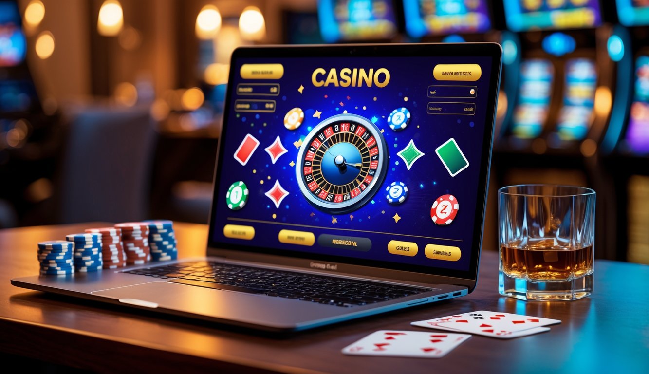 Seorang pemain sedang menggunakan laptop dengan tampilan permainan kasino online langsung, dikelilingi oleh chip kasino dan kartu remi di atas meja kayu.