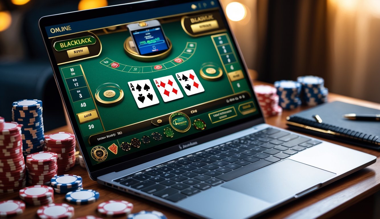 Sebuah laptop menampilkan permainan blackjack online dengan kartu dan chip di sekitarnya, serta buku catatan dan pena di meja.