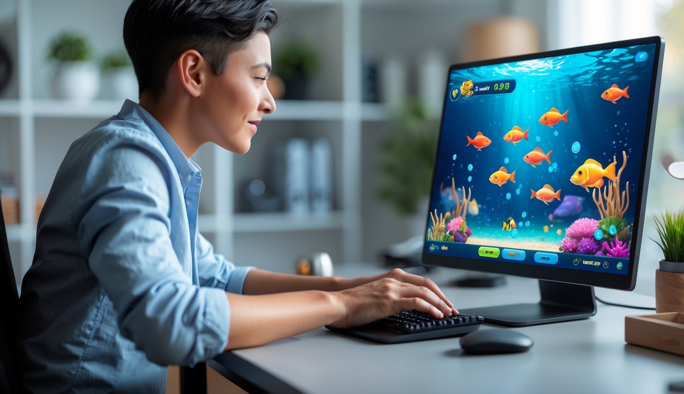 Seseorang sedang bermain permainan judi tembak ikan online dengan fokus di depan komputer di ruang kerja yang rapi.