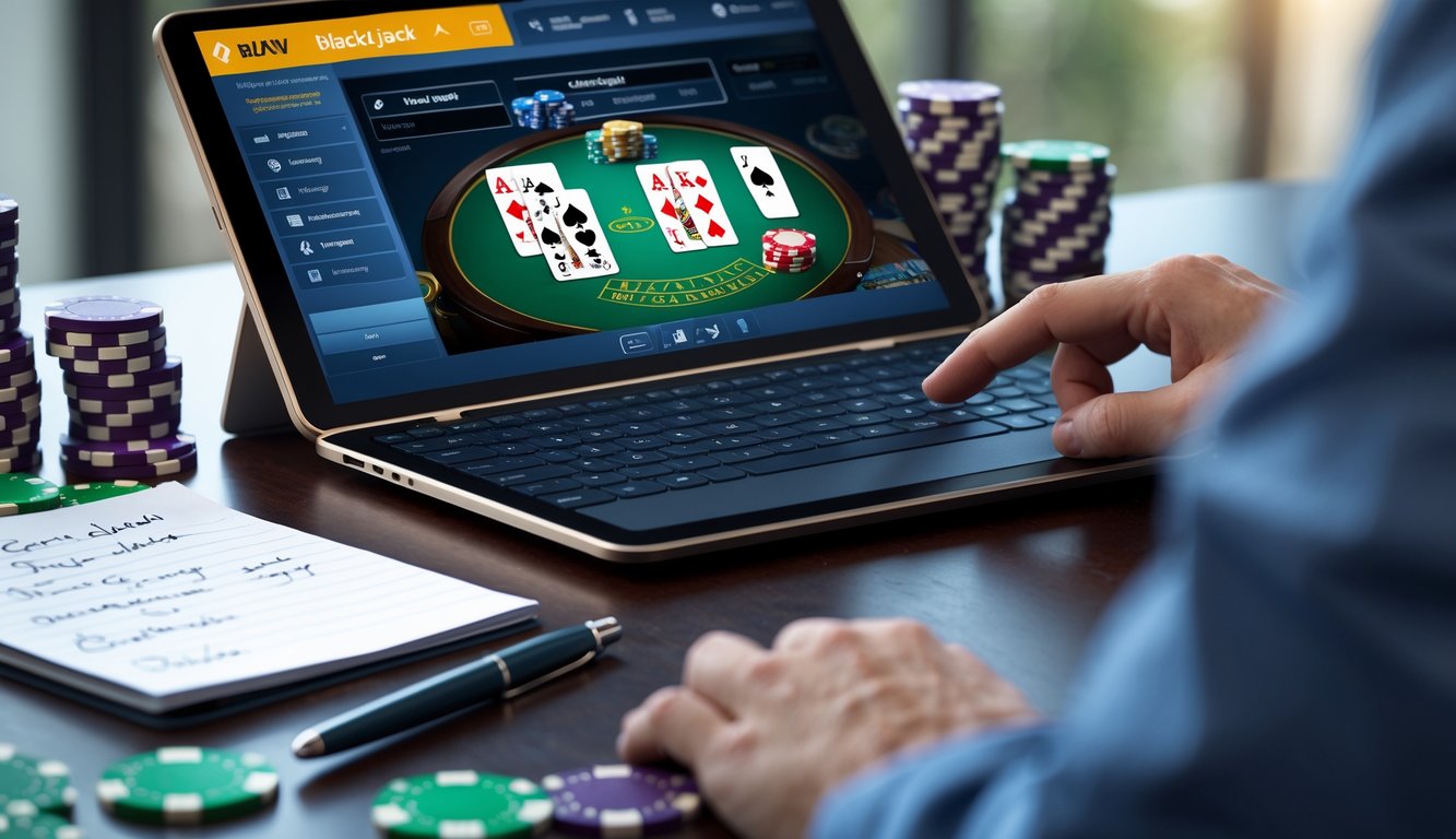 Seorang pemain sedang menggunakan laptop untuk bermain blackjack online dengan chip poker dan catatan strategi di meja.