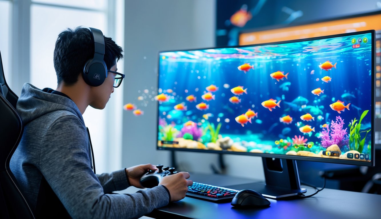 Seseorang sedang bermain permainan tembak ikan di komputer dengan fokus di sebuah ruangan yang terang.