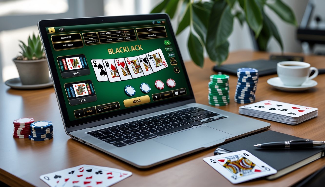 Sebuah meja dengan laptop yang menampilkan permainan blackjack online, kartu bermain, chip poker, dan buku catatan dengan pena di lingkungan ruang kerja modern.