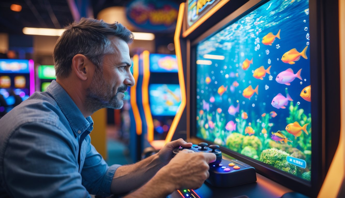 Seorang pria dewasa sedang bermain permainan tembak ikan di pusat permainan dengan layar besar dan lampu neon di sekitar.