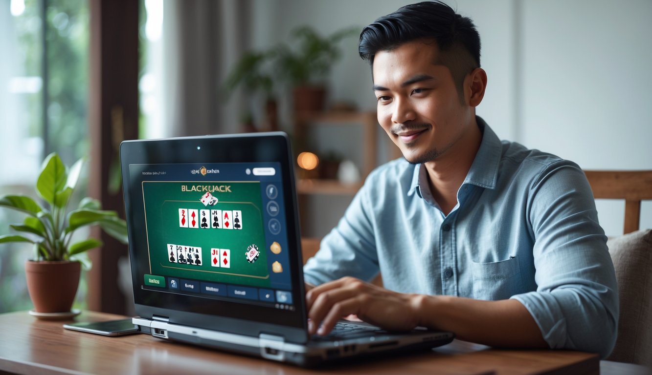 Seorang pria Indonesia sedang bermain blackjack online di laptop di rumah yang nyaman.