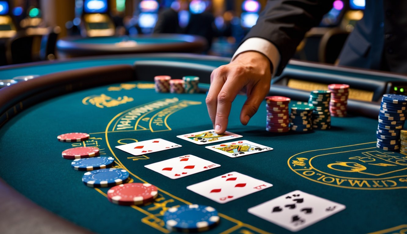 Meja blackjack di kasino dengan kartu dan chip poker, dealer sedang membagikan kartu kepada pemain.
