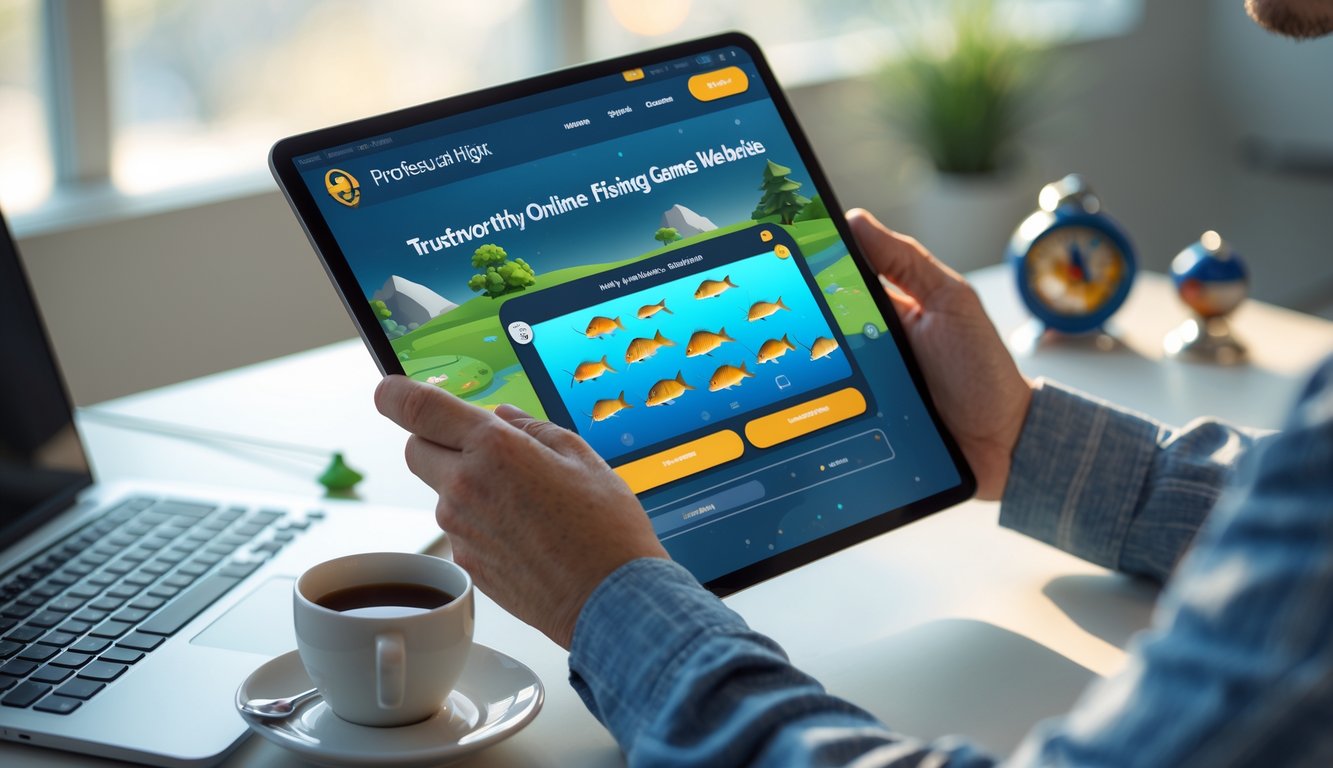 Seseorang menggunakan tablet di meja kerja dengan perlengkapan memancing kecil di sekitar, fokus pada layar perangkat.