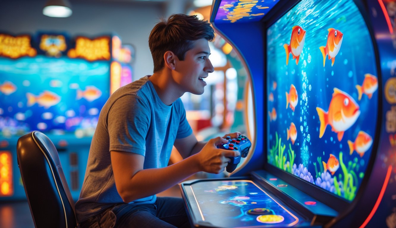 Seorang pemula sedang bermain mesin permainan tembak ikan di pusat permainan.