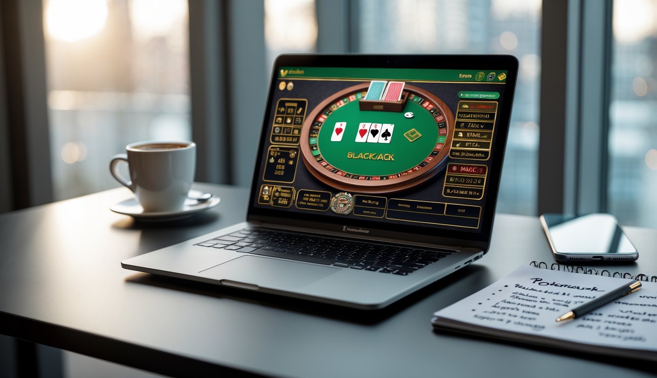 Sebuah laptop di meja menampilkan permainan blackjack online dengan kartu dan chip, di sampingnya terdapat buku catatan dan pena, serta secangkir kopi dan ponsel di latar belakang.