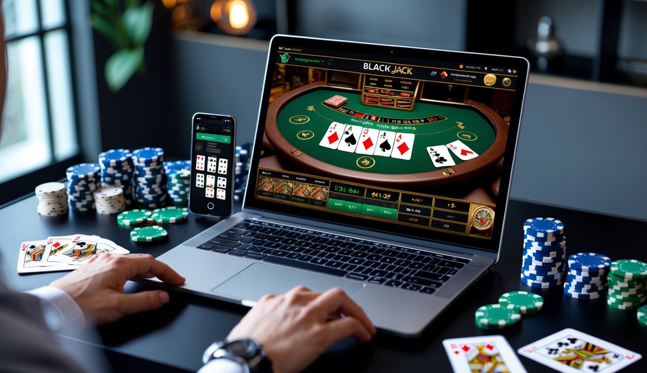 Seorang pemain sedang menggunakan laptop dengan permainan blackjack online, dikelilingi oleh chip poker dan kartu remi di meja dalam ruangan yang terang.