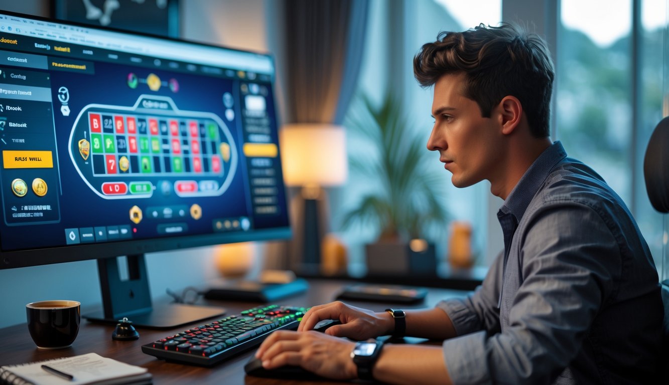 Seorang pemain muda yang fokus menggunakan komputer untuk bermain baccarat online di ruang kerja yang nyaman dengan pencahayaan lembut.