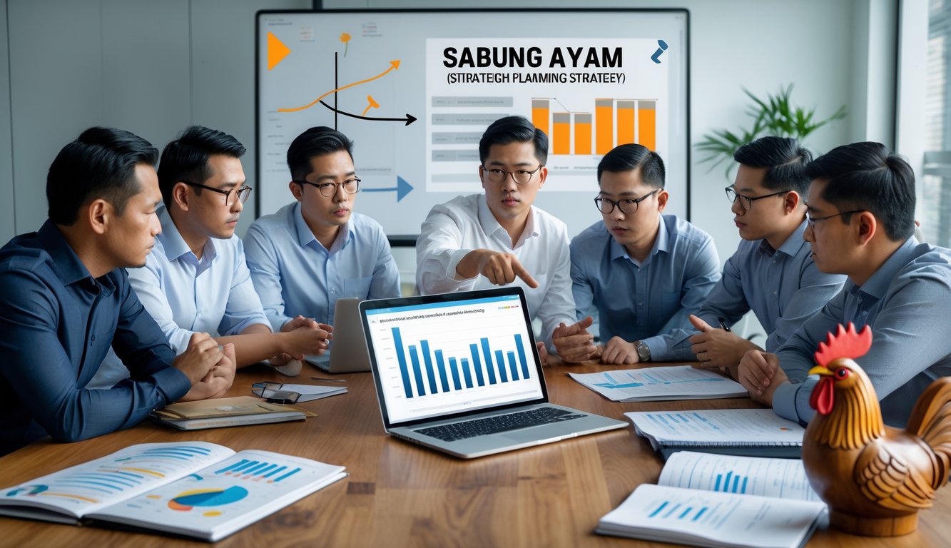 Sekelompok pria sedang berdiskusi serius di sekitar meja dengan grafik dan catatan, merencanakan strategi sabung ayam.