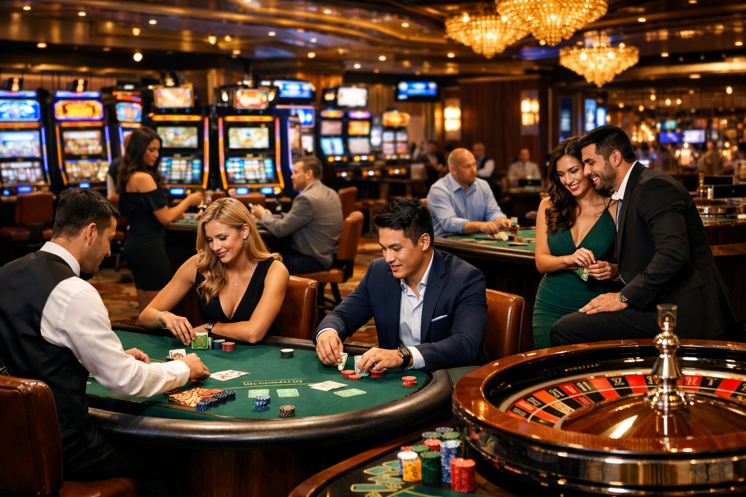 A Casino Interior With People Playing Slot Machines And Table Games In A Lively And Elegant Setting.