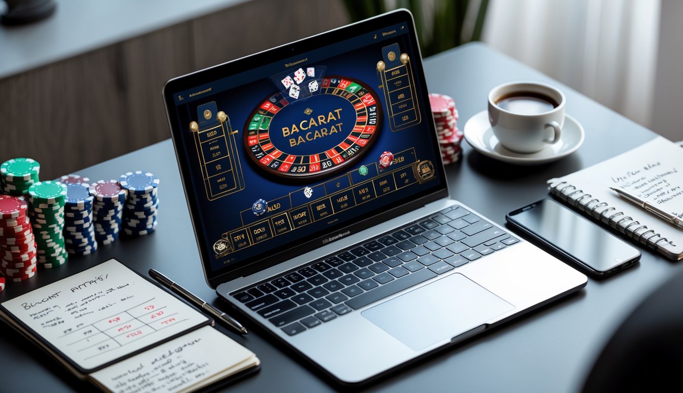 Seorang pemain sedang menggunakan laptop dan smartphone untuk bermain baccarat online dengan chip dan catatan strategi di meja kerja.