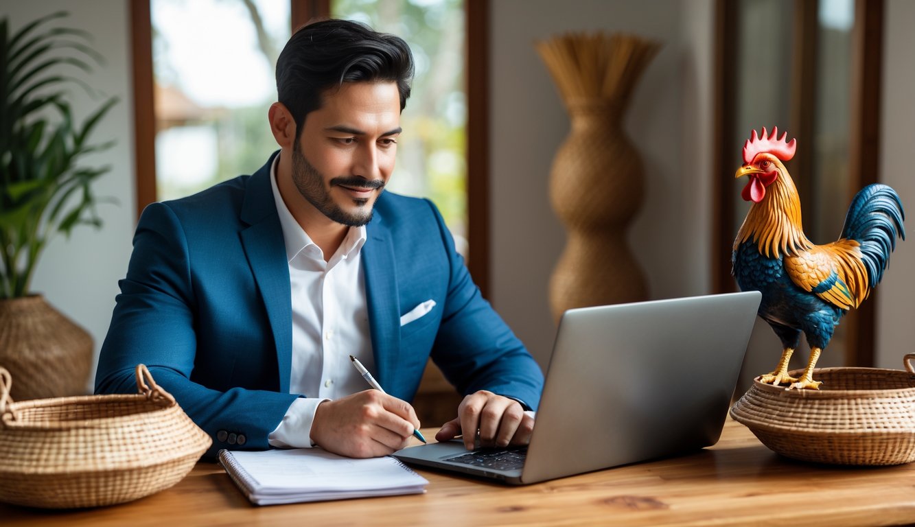 Seorang pria duduk di meja dengan laptop dan buku catatan, sedang menulis strategi dengan latar ruangan yang terang dan dekorasi bertema sabung ayam.