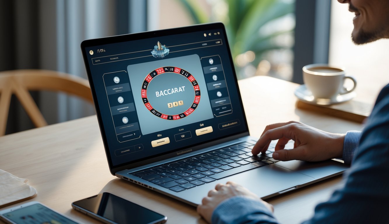 Seseorang bermain baccarat online menggunakan laptop di meja kerja dengan suasana nyaman dan terang.