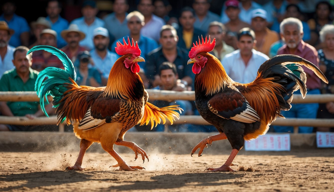 Dua ayam jago sedang bertarung di arena terbuka dengan penonton yang antusias mengamati di sekitarnya.