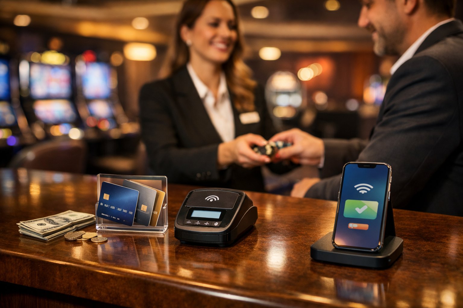 Casino Cashier Counter Showing Various Payment Methods With A Staff Member Assisting A Customer In A Casino Environment.