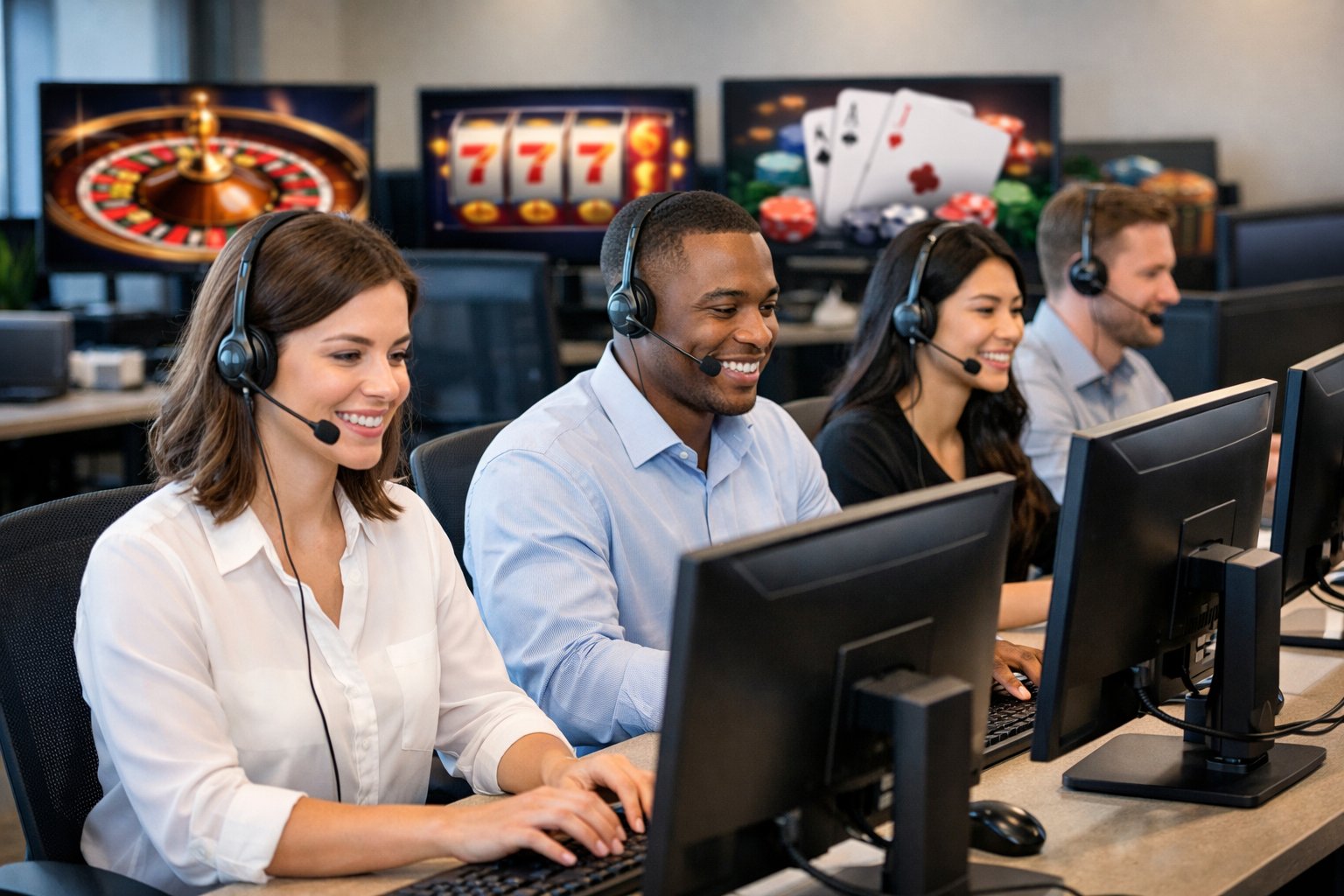 Customer Support Representatives Wearing Headsets Working At Computers In A Bright Office With CasinoThemed Images On Screens In The Background.