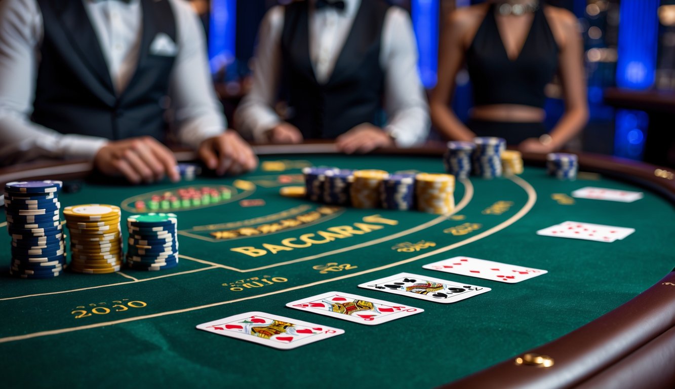 Meja permainan baccarat dengan kartu dan chip poker di kasino mewah, dengan pemain dan dealer di latar belakang.