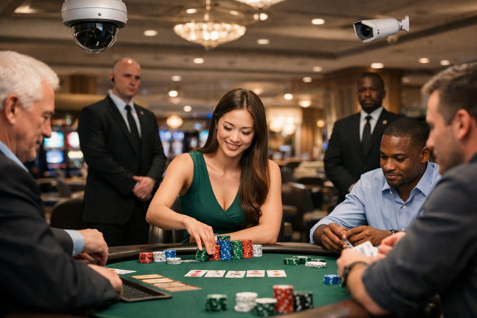 A Casino Poker Table With Players, Security Cameras, And Security Staff In A WellLit Setting.