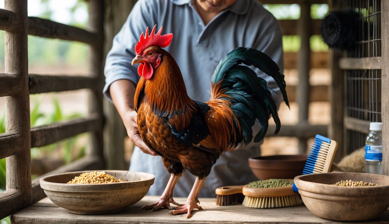 Seseorang merawat ayam petarung yang sehat di dalam kandang kayu dengan peralatan perawatan di sekitarnya.