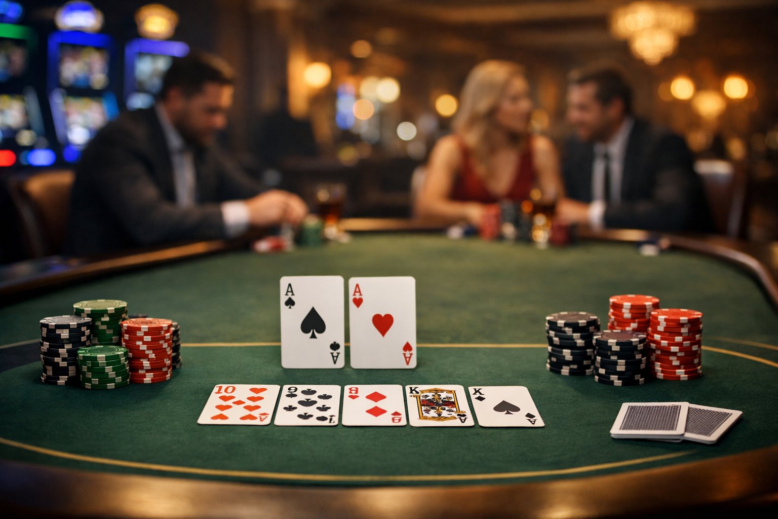 A Casino Poker Table With Chips And Cards, Surrounded By Players And Slot Machines In A Luxurious Setting.
