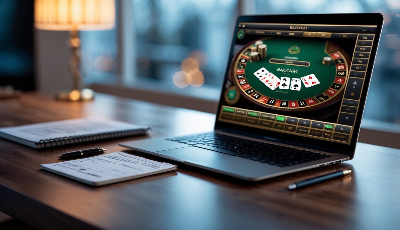 Seorang laptop menampilkan permainan baccarat online dengan kartu dan chip di layar, di sampingnya ada buku catatan dan pena di atas meja kayu.