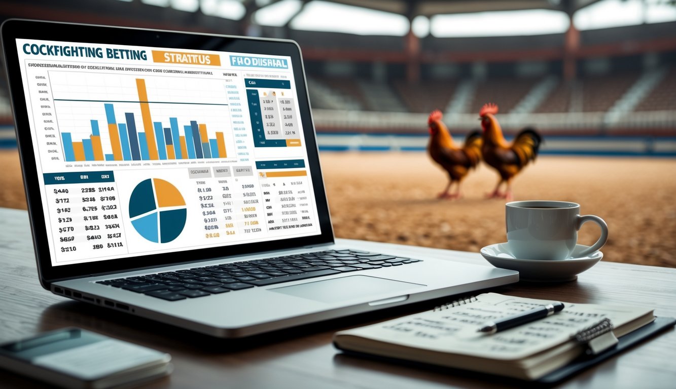 Meja kerja dengan laptop, catatan, dan secangkir kopi, di latar belakang terlihat dua ayam jago di arena sabung ayam.