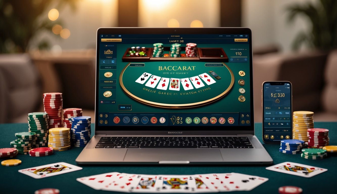 Seorang pemain sedang menggunakan laptop untuk bermain baccarat online dengan chip dan kartu poker di meja.